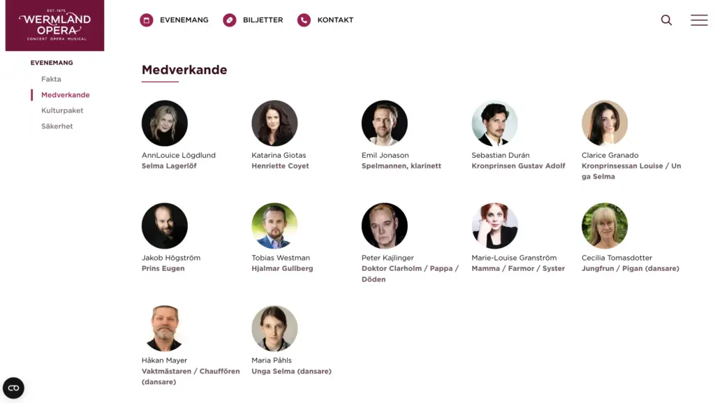 Skärmbild över Wermland Opera sida för medverkande. Runda profilbilder med namn.