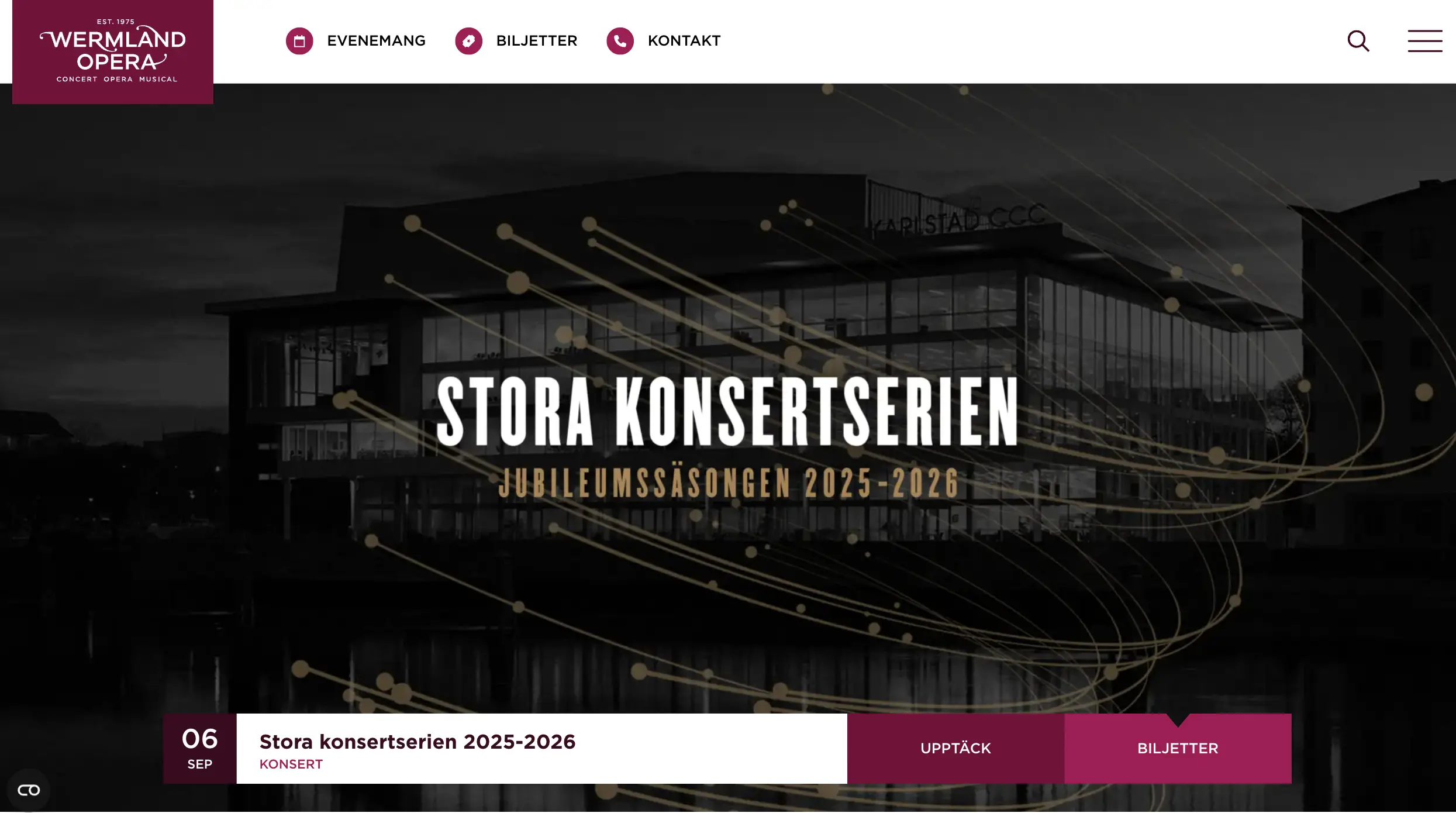 Skärmvy över Wermland Opera startsida. Tonerna går i mörkare overlays och en stark rosa/röda nyans. Stor och tydlig text.