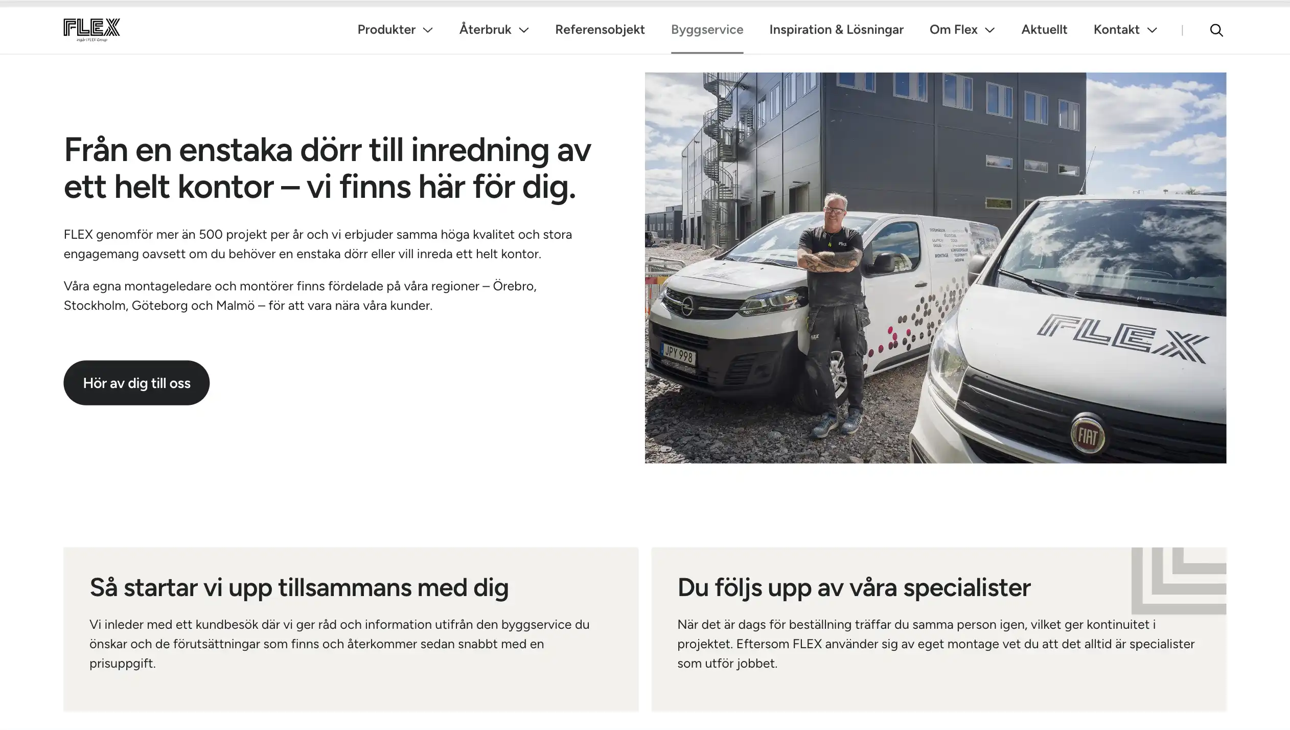 En skärmbild som visar en undersida på FLEX Interior Systems. Det finns boxar med information samt bild och texter som hör till innehållet.