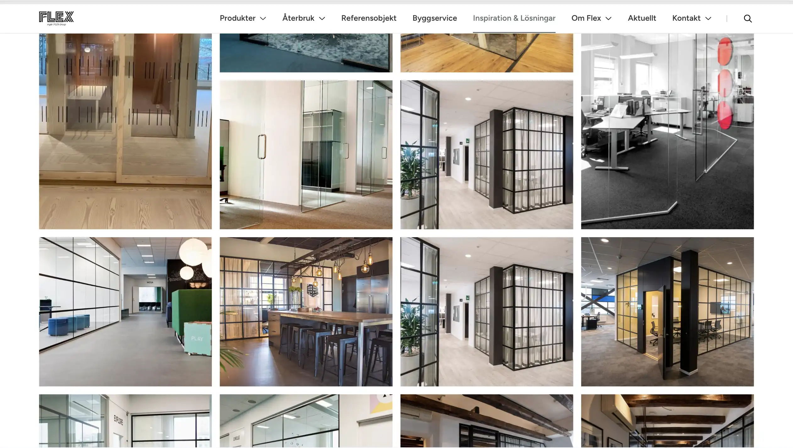 En skärmbild som visar galleriet på FLEX Interior Systems. Inspirationsbilder över de olika projekt som FLEX har arbetat med.