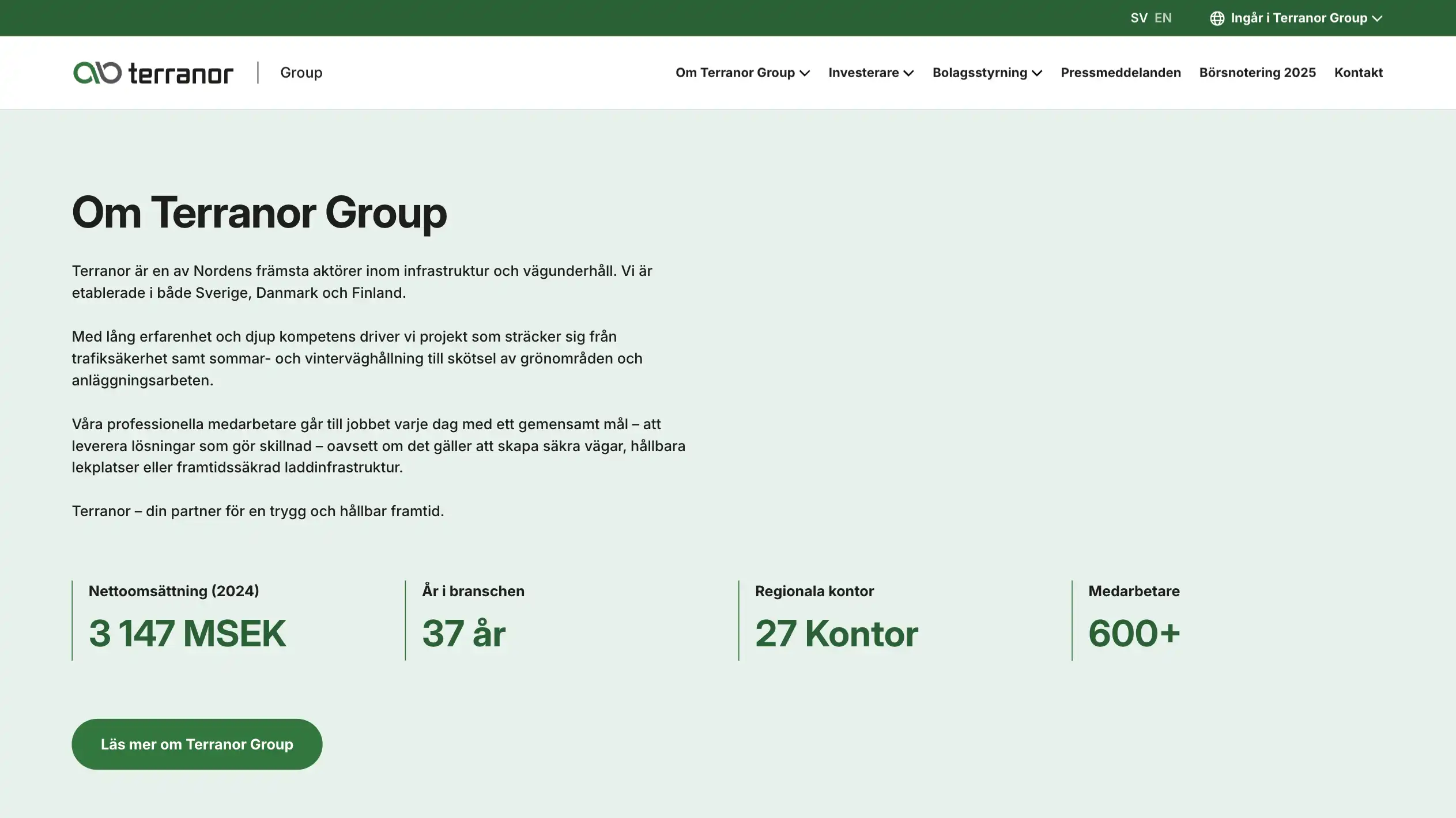 Skärmbild som visar en sektion på startsidan på Terranor Group. En ljusgrön bakgrund med text och metrics.