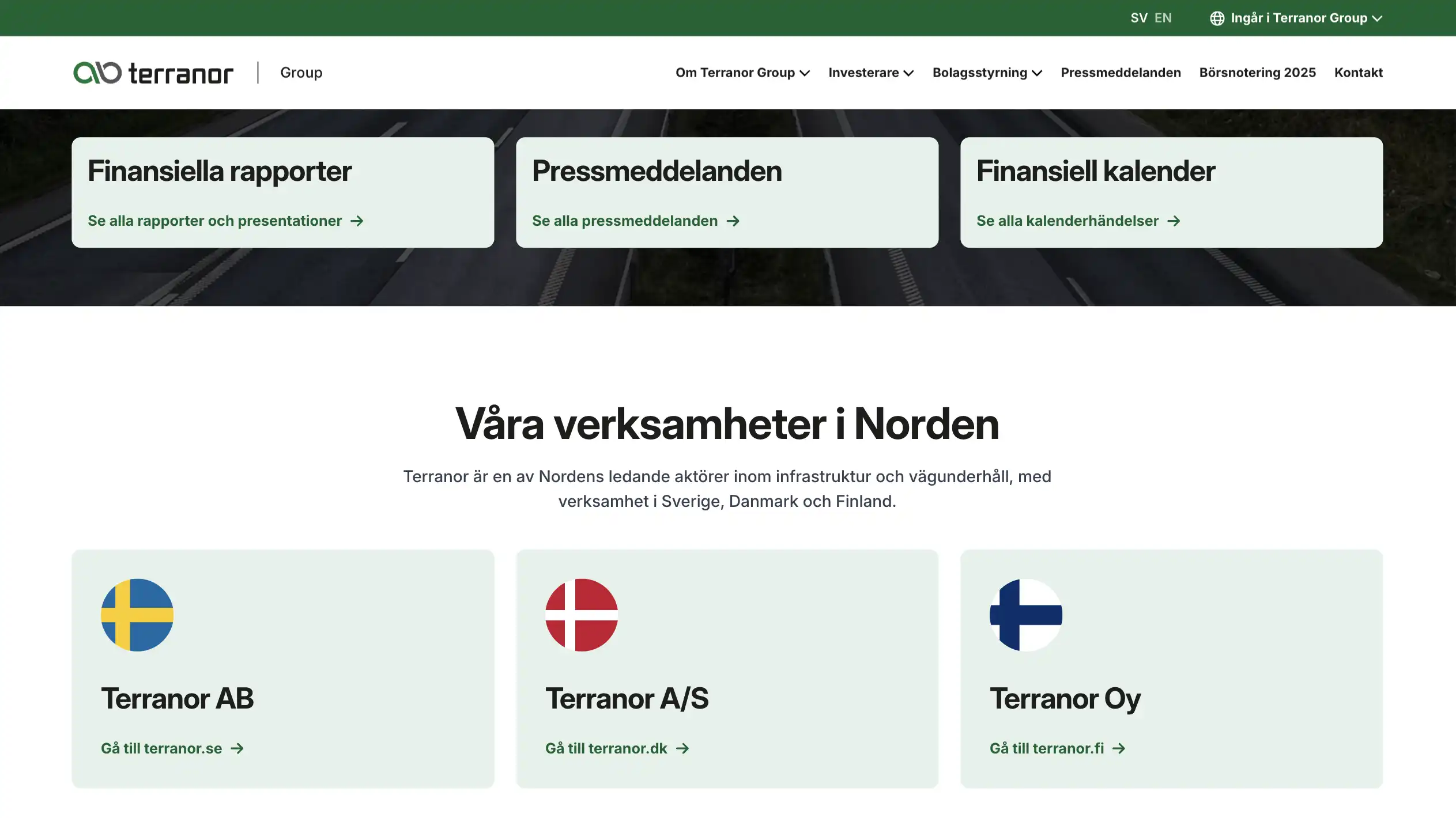 Skärmbild över en sektion på startidan på Terranor Group. Ingångar till undersidor samt till sidor på flera olika språk.