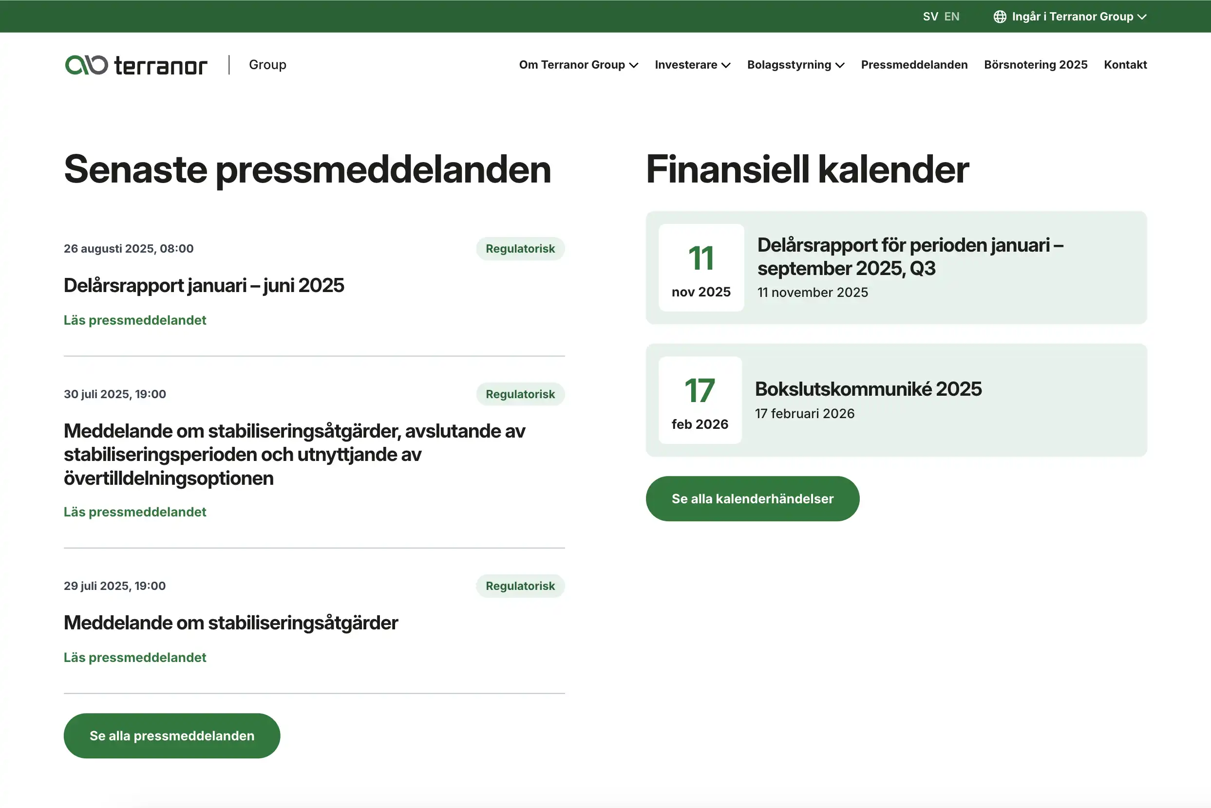 Skärmbild över startsidan på en sektion för senaste pressmeddelanden och finansiell kalender. Texter i kolumner med knappar. Tonerna går i en mörkare och en ljusare grön nyans.
