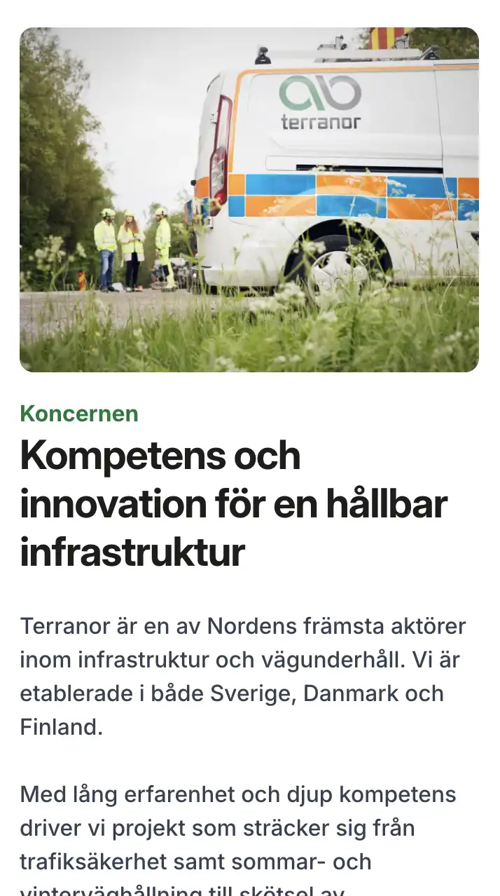 Skärmbild över sidan om Terranor Group i mobilvy. En bild samt rubrik och löpande text som beskriver deras arbete.