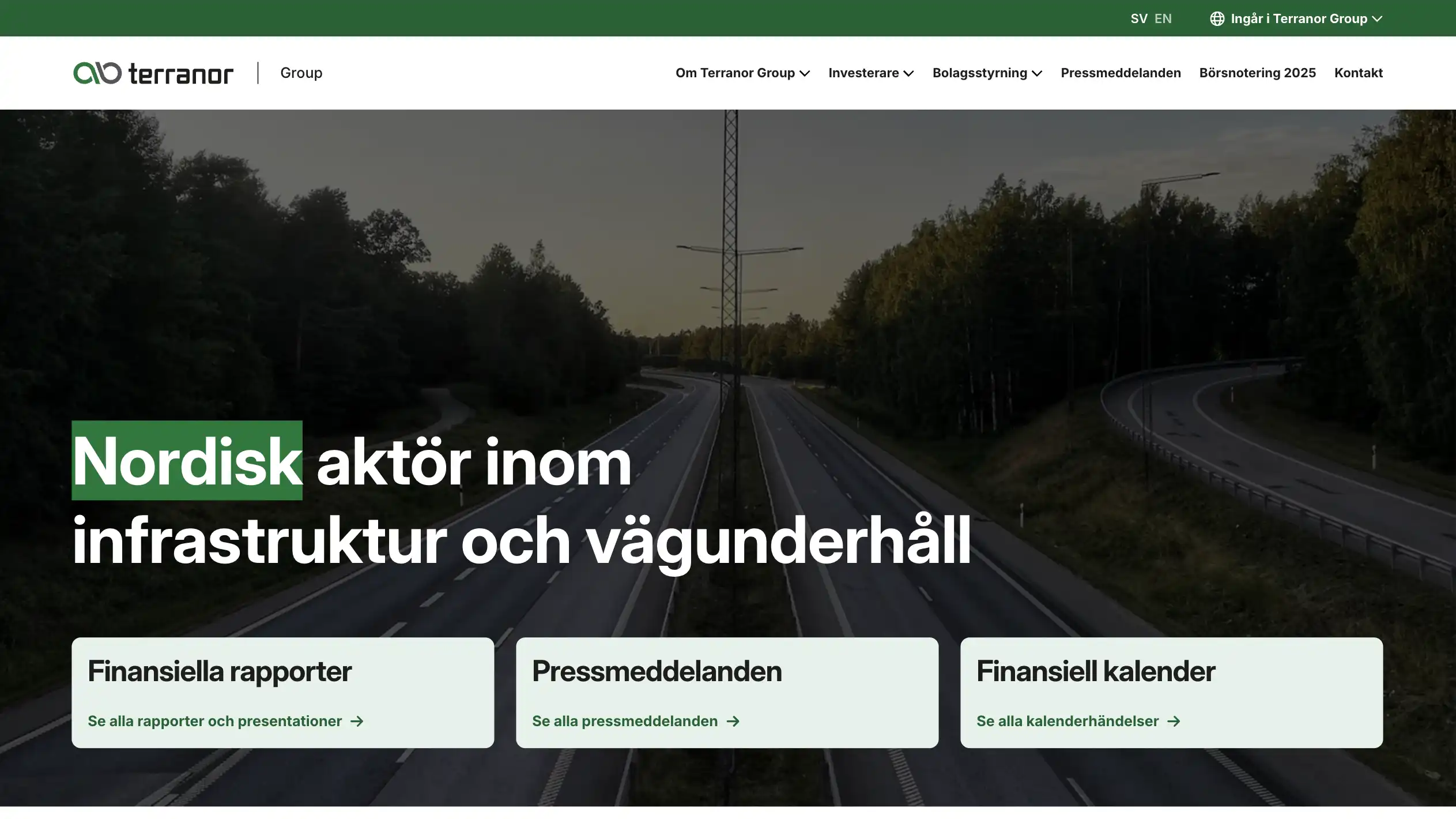 Skärmbild över startsidan på Terranor Group. En bakgrundsbild nedanför menyn med en mörkare overlay samt rubrik och boxar med text.